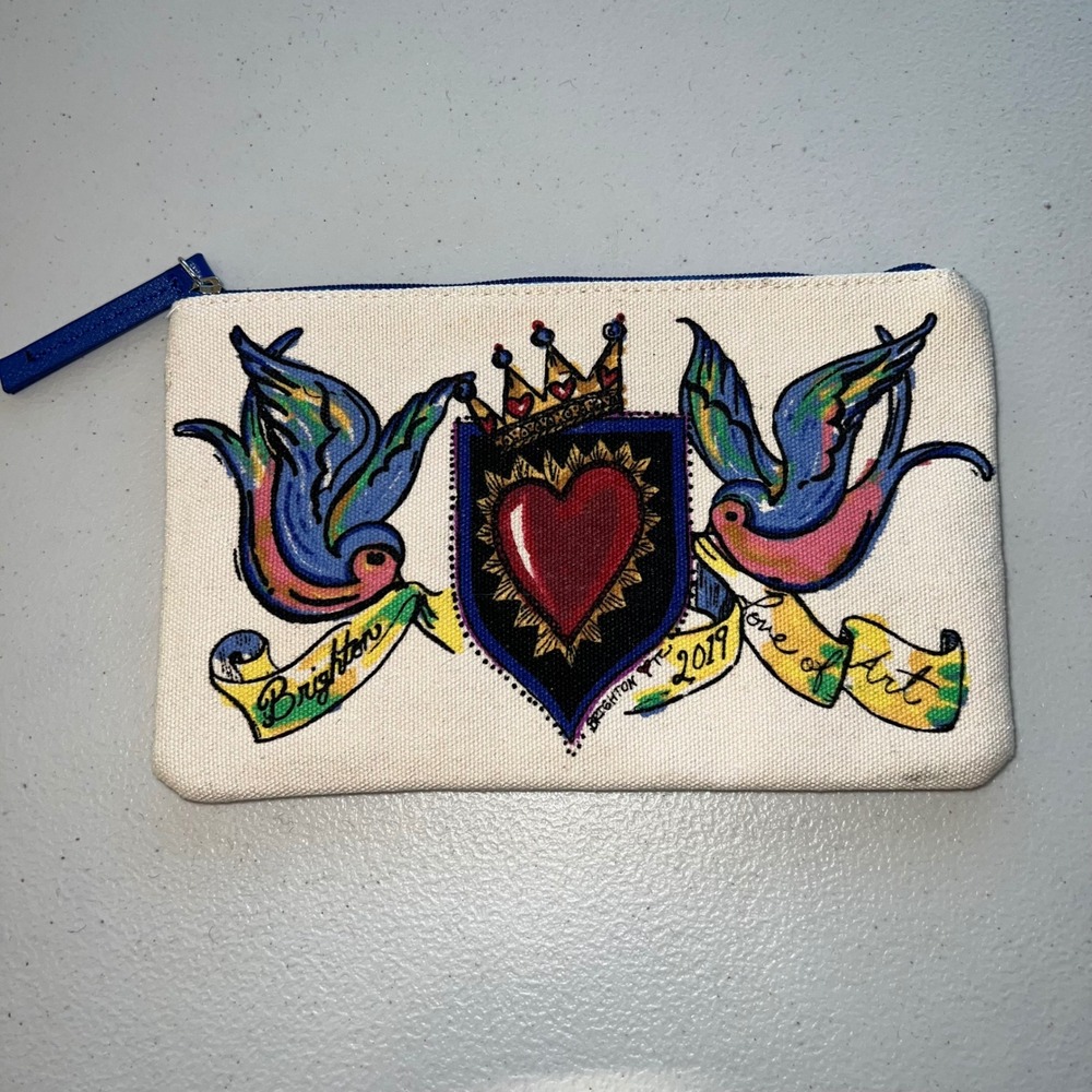 BRIGHTON Love Of Art Dove Heart Canvas Multicolor Zipper Pouch Cosmetic Bag